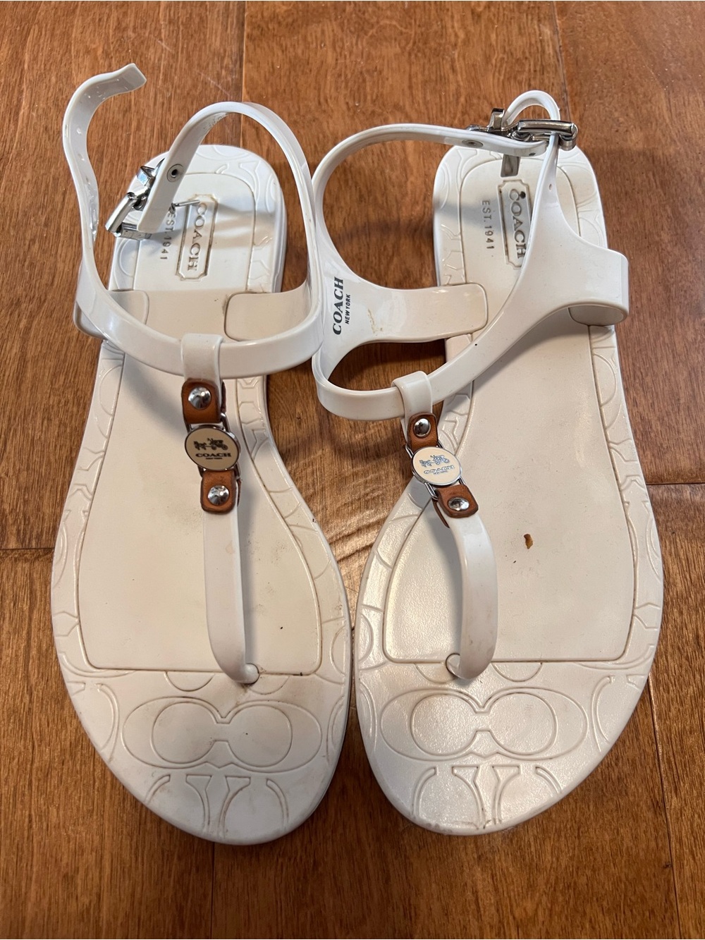 Coach White T-strap Sandals with Brown Accent Logo